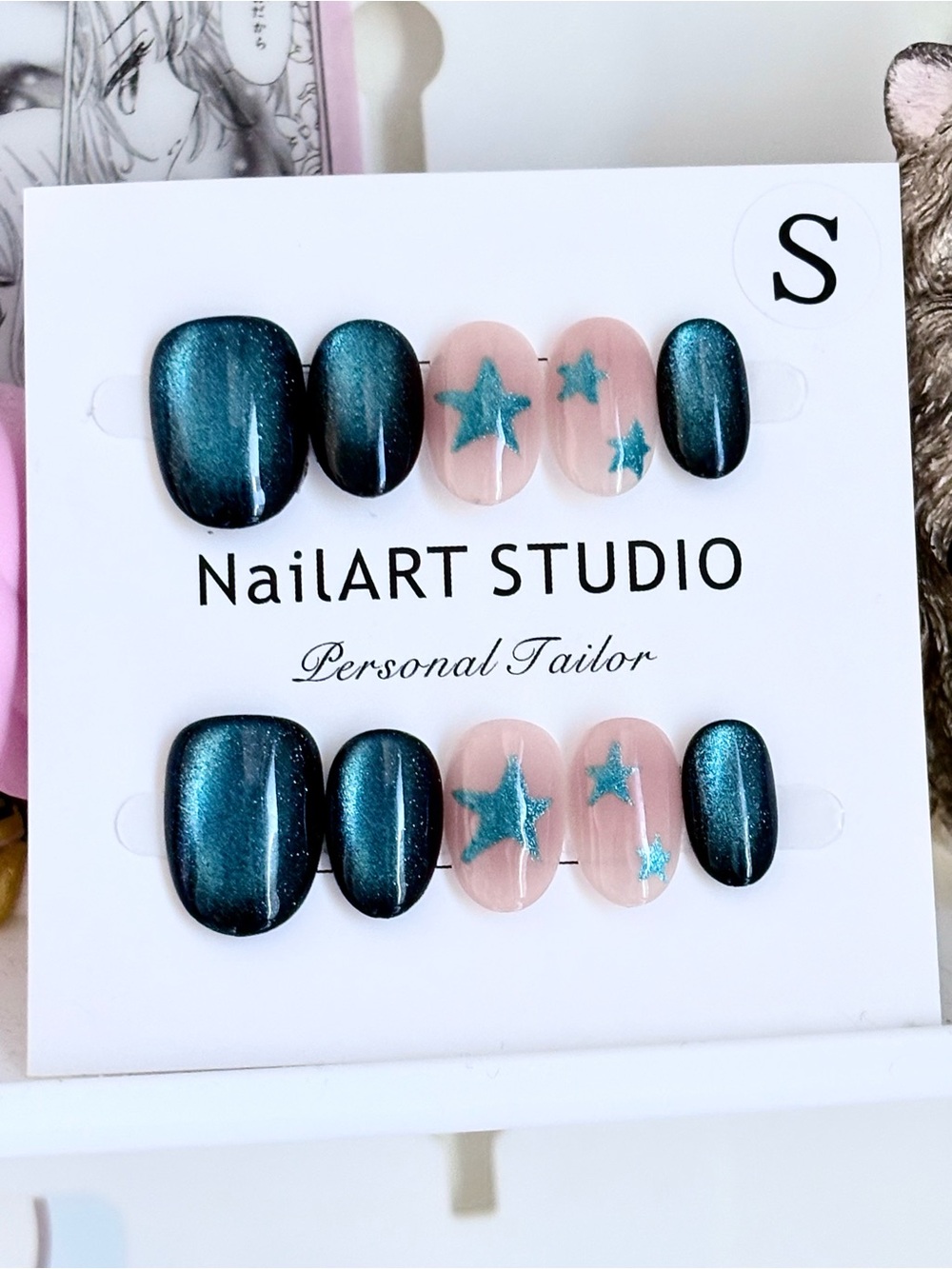 Extra Short Almond Teal Star Press-On Nails